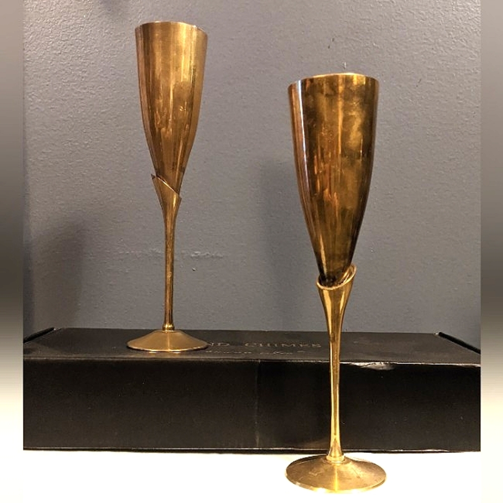 2 Vintage Brass Champagne Flutes Tulip Style Brass Wine Glasses